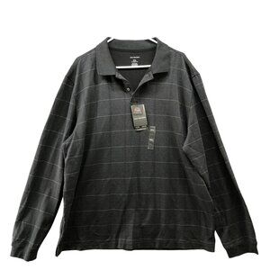 NWT Van Heusen Long Sleeve Polo Shirt Mens XXL 2XL Gray Grid Plaid Flex Classic